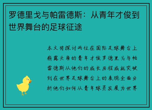 罗德里戈与帕雷德斯:从青年才俊到世界舞台的足球征途 罗德里戈与帕雷德斯:从青年才俊到世界舞台的足球征途