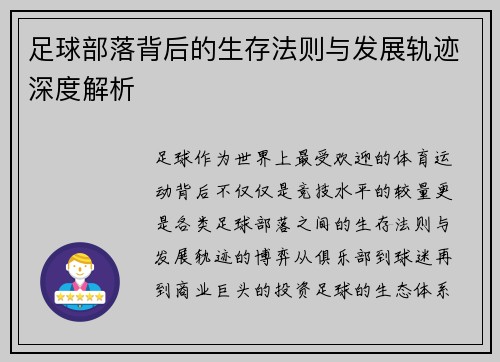 足球部落背后的生存法则与发展轨迹深度解析